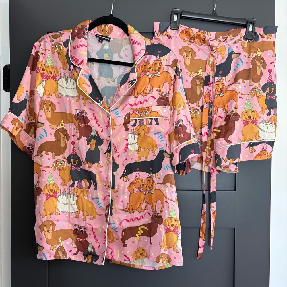 Karen Mabon Hot Dog Party Dachshund Dog Pajamas Pink SMALL Satin Shorts PJ
